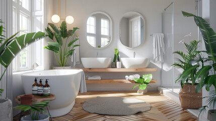 Bright bathroom interior with double sink and mirror 