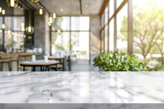 Empty white marble stone table top and blur glass window interior cafe and restaurant banner mock up abstract background - can used for display or montage your products - generative ai