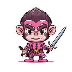 Cartoon funny monkey warrior sticker. Cute cartoon animal vector. Vector illustration