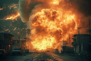 A catastrophic explosion engulfs a city with intense flames, resembling a movie-like disaster scene