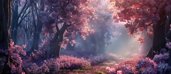 Fantasy backdrop featuring a magical forest with blooming lilac trees in a beautiful spring scenery.