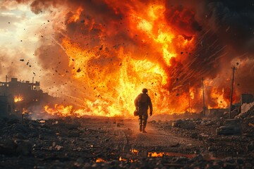 A solitary figure walks away from a backdrop of massive fire and destruction in a desolate urban environment - obrazy, fototapety, plakaty