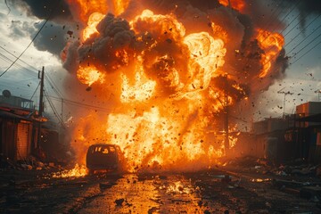 A dynamic scene showing a powerful explosion with fiery blasts on an urban street beside an abandoned van