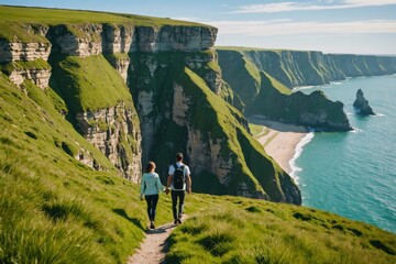 Man and woman walking on green cliffs during daytime