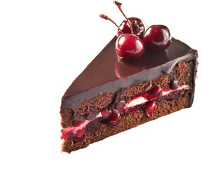 Portion of chocolate cake with cherries on a transparent background