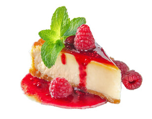 A portion of cheesecake poured with raspberry sauce and sprinkled with raspberries on a transparent...