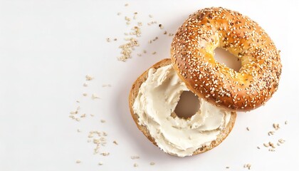 A delicious homemade new york city jewish deli style poppy sesame seed bagel with cream cheese both halves ready to eat isolated on white background with copy space