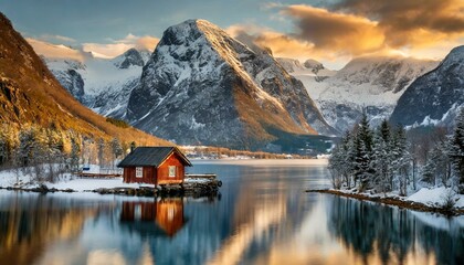 Cozy cabin nestled along the Norwegian fjords, surrounded by snow-capped peaks. - obrazy, fototapety, plakaty
