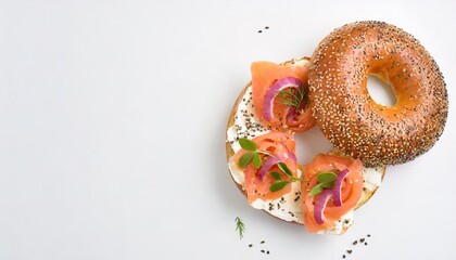 A delicious homemade new york city jewish deli style poppy sesame seed bagel with cream cheese and lox or smoked fish both halves ready to eat isolated on white background with copy space