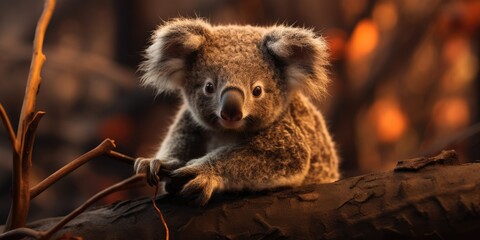 Koala in a burning forest, Forest fire on the island due to human fault. Generative AI