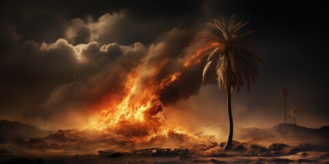 Forest fire on the island, burning palm trees. Generative AI