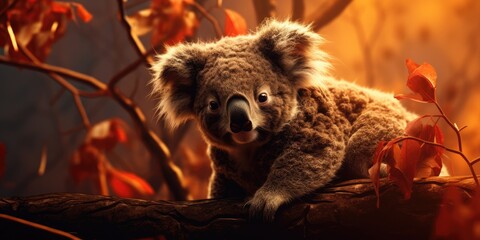 Forest fire, disasters. Koala on a tree in a burning forest. Generative AI