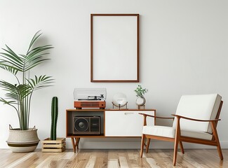 Stylish mid-century modern interior of a living room with a retro cabinet, vinyl player, and armchair at a white wall