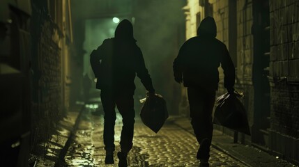 Two masked individuals running away with bags of stolen goods in a moonlit alley