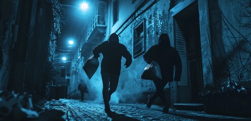 Two masked individuals running away with bags of stolen goods in a moonlit alley