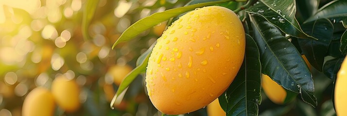 Vibrant close up of juicy mango fruit on tree with dew drops, perfect for banner with copy space