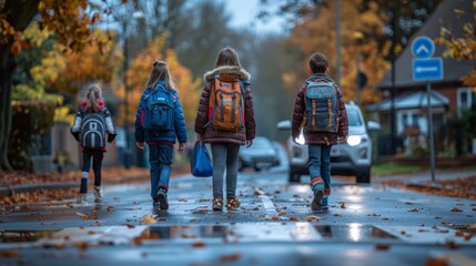 Group of four kids walking on a wet street, with backpacks, amidst colorful autumn leaves, heading...