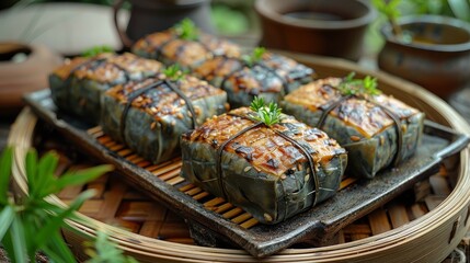 Traditional Chinese rice dumplings, known as zongzi, presented on a bamboo tray, garnished with fresh herbs, ready for Dragon Boat Festival. - 789235333