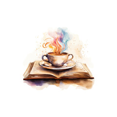Steamy Coffee Cup on Open Book Watercolor. Vector illustration design.