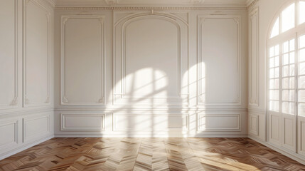 Classic empty room interior with white walls parquet 