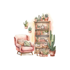 Cozy Home Interior with Bookshelf and Armchair watercolor style. Vector illustration design.