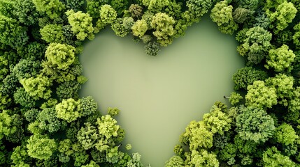 Top-down perspective of love symbol-shaped trees against lush green studio backdrop. Romantic ecological concept AI Image