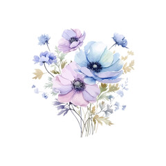Bouquet of Blue and Pink Watercolor Flowers. Vector illustration design.