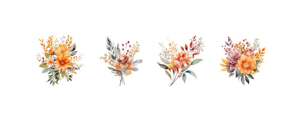 Warm Toned Watercolor Floral Arrangements Set. Vector illustration design.
