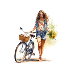 Joyful Woman Walking with Bicycle and Flowers watercolor style. Vector illustration design.