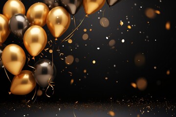 Celebrations background with black and golden balloons, Festive black and gold balloons, Black Friday banner, Cyber Monday sale banner, Balloons Background, AI Generative - obrazy, fototapety, plakaty