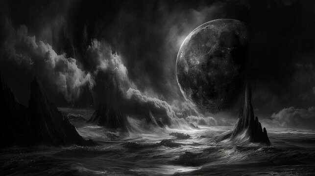A black and white image of a stormy sea with a large moon in the background.

