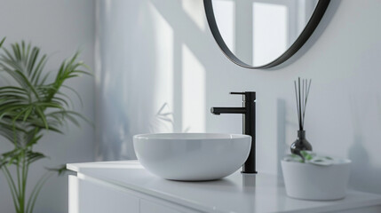 Close up of sink with oval mirror standing in on white - obrazy, fototapety, plakaty