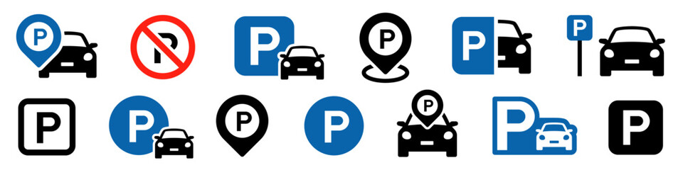 Car parking icon set. Public parking and parking location symbol. No car parking sign - stock vector.