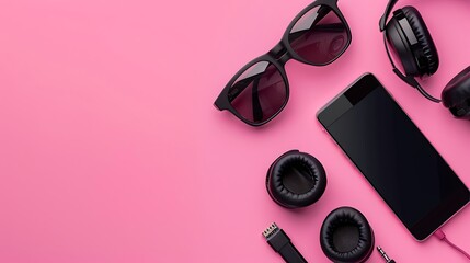 stylish black sunglasses smartphone and headphones on pink background flat lay