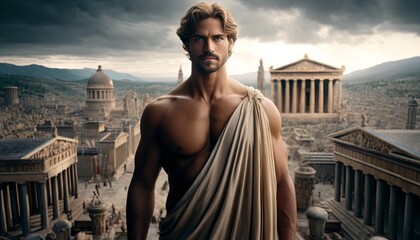 muscular greek god with long blond hair wearing a white toga stands atop a mountain overlooking a city - obrazy, fototapety, plakaty