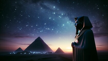 The image shows a large statue of an Egyptian pharaoh standing in front of the pyramids at Giza. The sky is dark and filled with stars. - obrazy, fototapety, plakaty