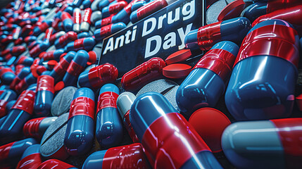 Fototapeta premium Striking image of blue and red capsules and tablets bearing the inscription 'Anti Drug Day', representing awareness and prevention.