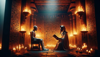 Anubis, the Egyptian god of the dead, sits in judgment of a mummy in the Hall of Truth. - obrazy, fototapety, plakaty