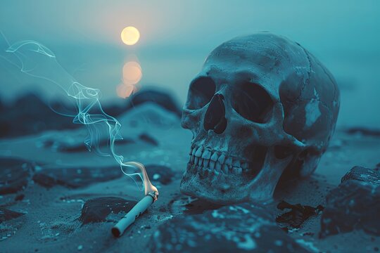 A skull with a cigarette in its mouth on the beach at sunset.