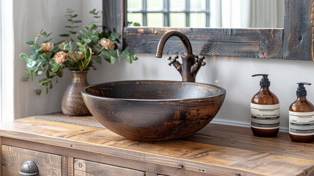 Stylish vessel sink and faucet on wooden countertop. Interior design of modern bathroom