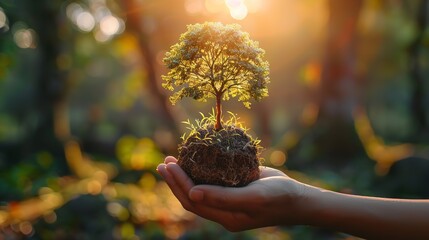 Sunny background with a green growing tree that is being held by hand and a nice ecology concept with text space, Generative AI.