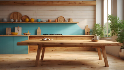 Empty clean and polished wooden table in the kitchen