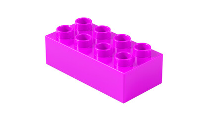 Naklejka premium Magenta Plastic Lego Block Isolated on a White Background. Children Toy Brick, Perspective View. Close Up View of a Game Block for Constructors. 3D Rendering. 8K Ultra HD, 7680x4320, 300 dpi