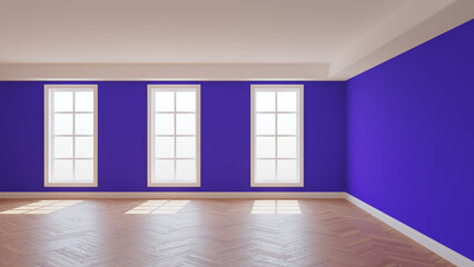 Violet Interior with a White Ceiling and Cornice, Glossy Herringbone Parquet Floor, Three Large Windows and a White Plinth. Sunny Beautiful Interior. 3D Rendering, 8K Ultra HD, 7680x4320, 300 dpi