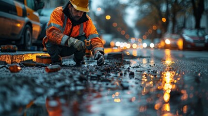 Focused construction worker in a reflective safety vest using a drill on an urban road at dusk. The...