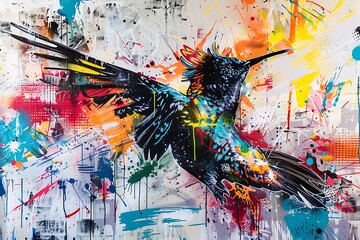 : A vibrant mural of a graffiti bird in flight, with splashes of color and intricate details