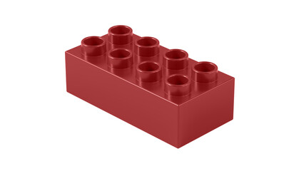 Naklejka premium Maroon Plastic Lego Block Isolated on a White Background. Children Toy Brick, Perspective View. Close Up View of a Game Block for Constructors. 3D Rendering. 8K Ultra HD, 7680x4320, 300 dpi