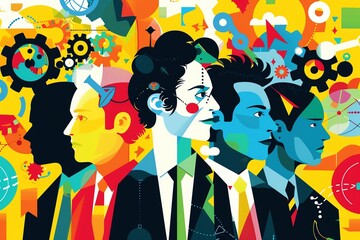 Illustrate Team leadership in a vibrant vector art piece Show a dynamic leader guiding a diverse team with confidence and vision, surrounded by motivational symbols and colors
