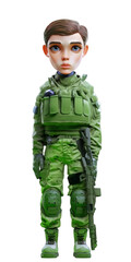Cute Boy character in sylish look. Soldier military outfit on transparent background.