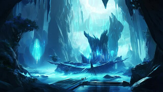 Fantasy landscape with beautiful and gloating glowing blue rocks. Magical and atmospheric loop video.